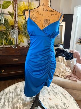 B Darlin Cobalt Blue Ruched Slip Dress